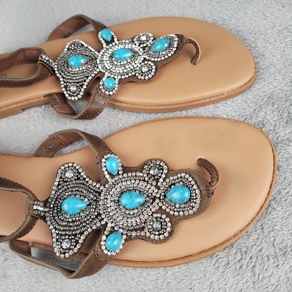 Torrid Turquoise & Rhinestone T-Strap Sandals Womens 12W Boho Festival Southwest - Picture 8 of 14